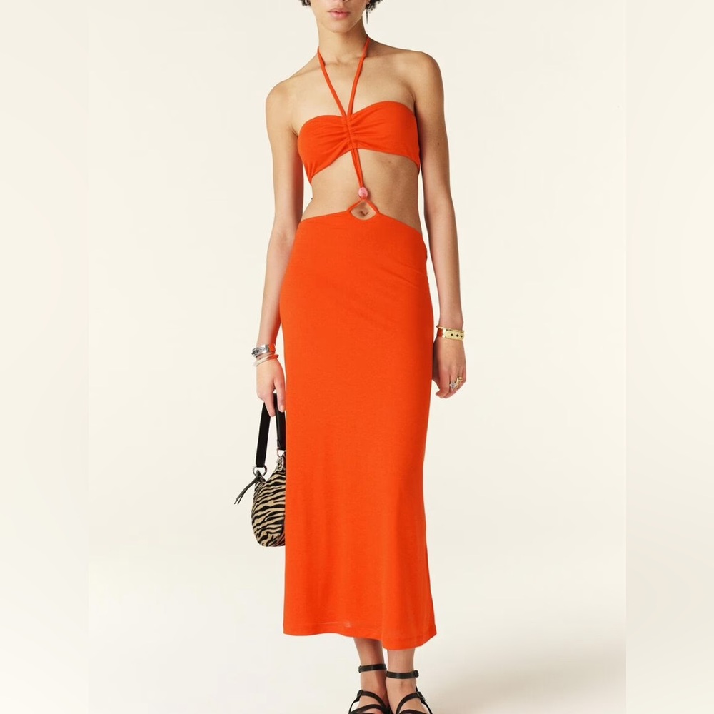 ba&sh Orange Midi Pencil Skirt Cut Out Night Out